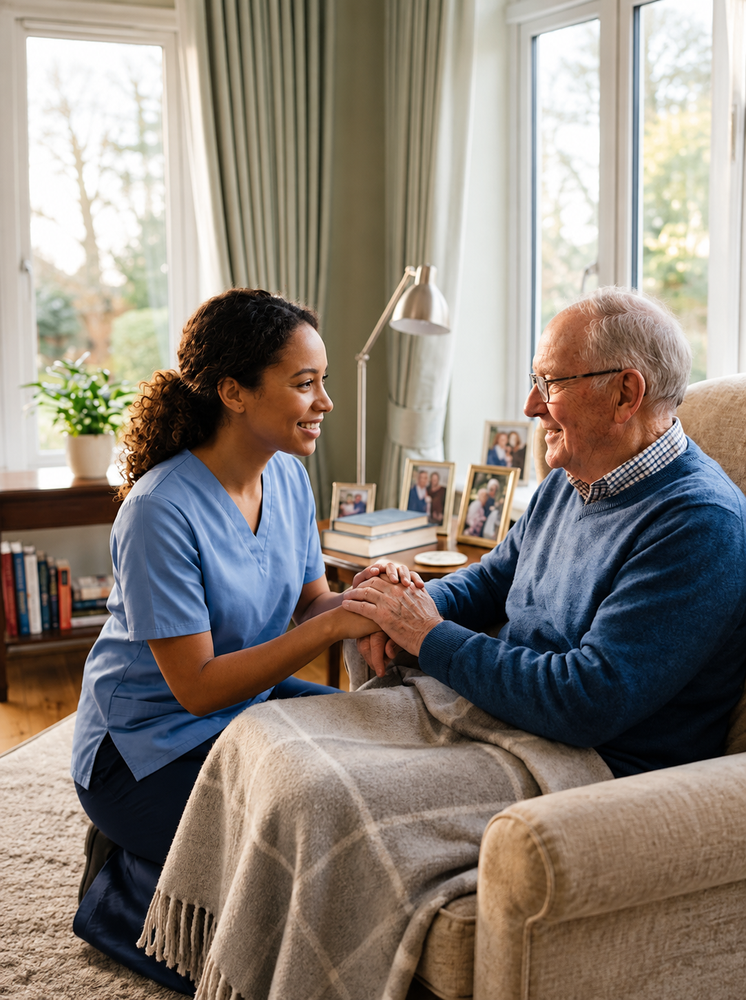 Caregiver holding hands with a smiling senior resident